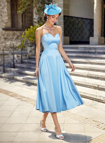 Elegant Sweetheart Sleeveless A-Line Tea-Length Satin Evening Dresses
