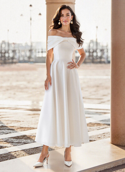Elegant Off-The-Shoulder Sleeveless A-Line Ankle-Length Satin Evening Dresses With Bow(s)