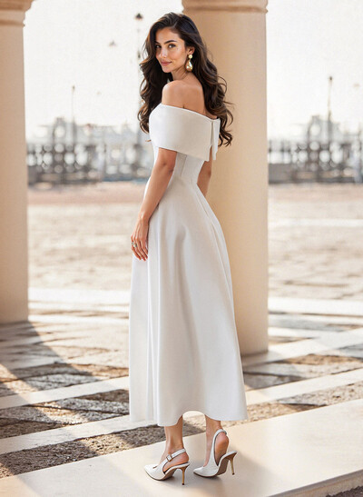 Elegant Off-The-Shoulder Sleeveless A-Line Ankle-Length Satin Evening Dresses With Bow(s)