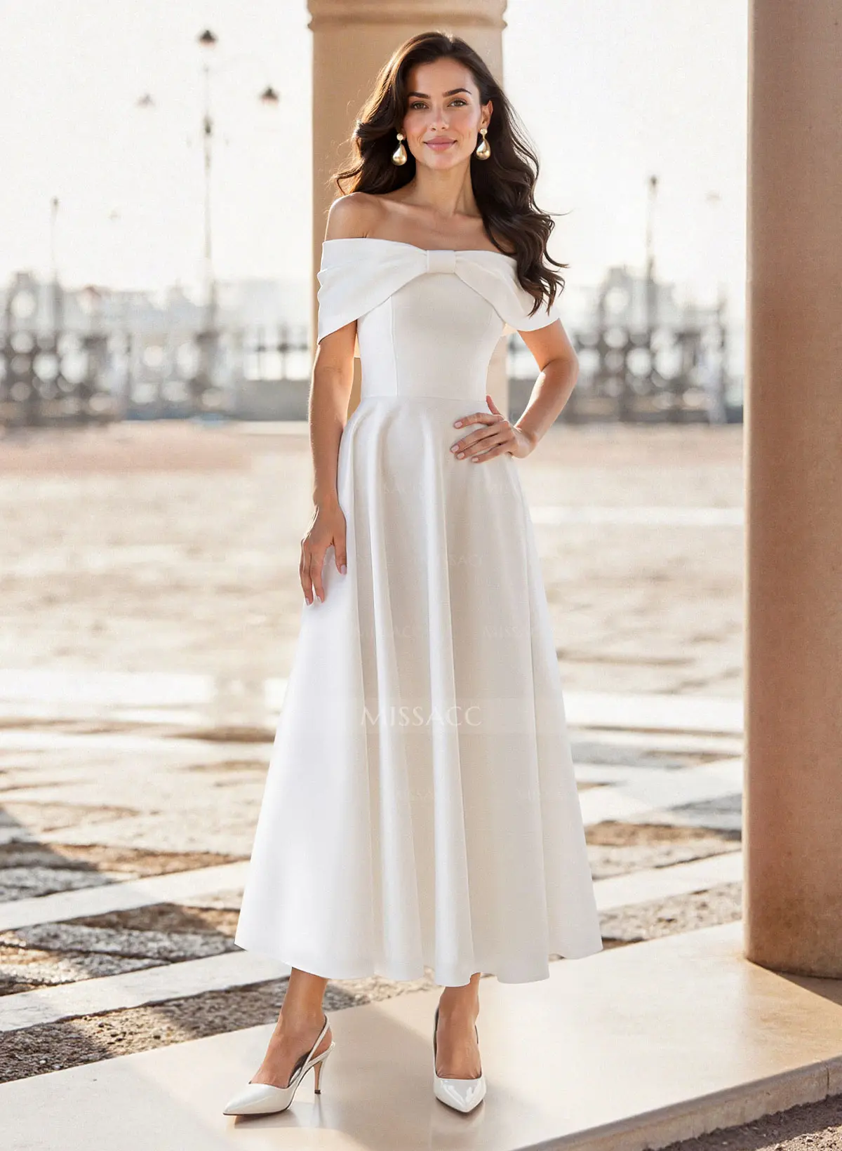 Missacc Mist Cocktail Dresses Elegant Off-The-Shoulder Sleeveless A-Line Ankle-Length Satin Cocktail Dresses with Bow(s)