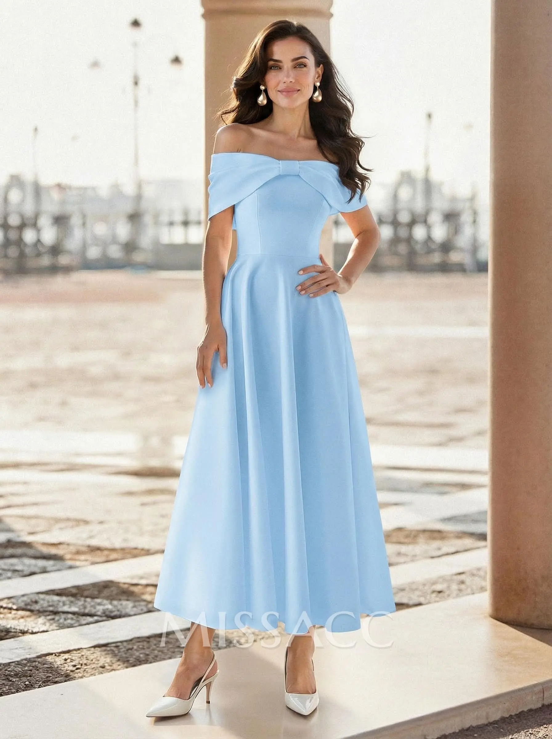 off shoulder light blue cocktail dress Off the Shoulder Light Blue Satin Long Prom with Slit-Bridelily