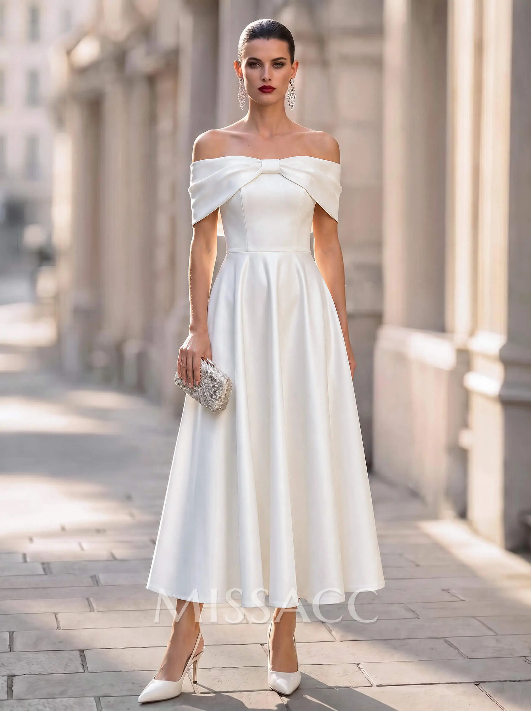 Elegant Off-The-Shoulder Sleeveless A-Line Ankle-Length Satin Cocktail Dresses With Bow(s)