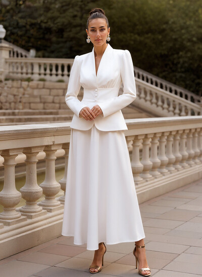 A-Line V-Neck Long Sleeves Ankle-Length Elastic Satin Cocktail Dresses