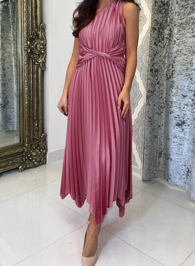A-Line One-Shoulder Sleeveless Ankle-Length Charmeuse Cocktail Dresses With Pleated