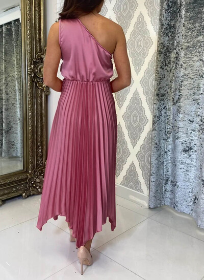 A-Line One-Shoulder Sleeveless Ankle-Length Charmeuse Cocktail Dresses With Pleated