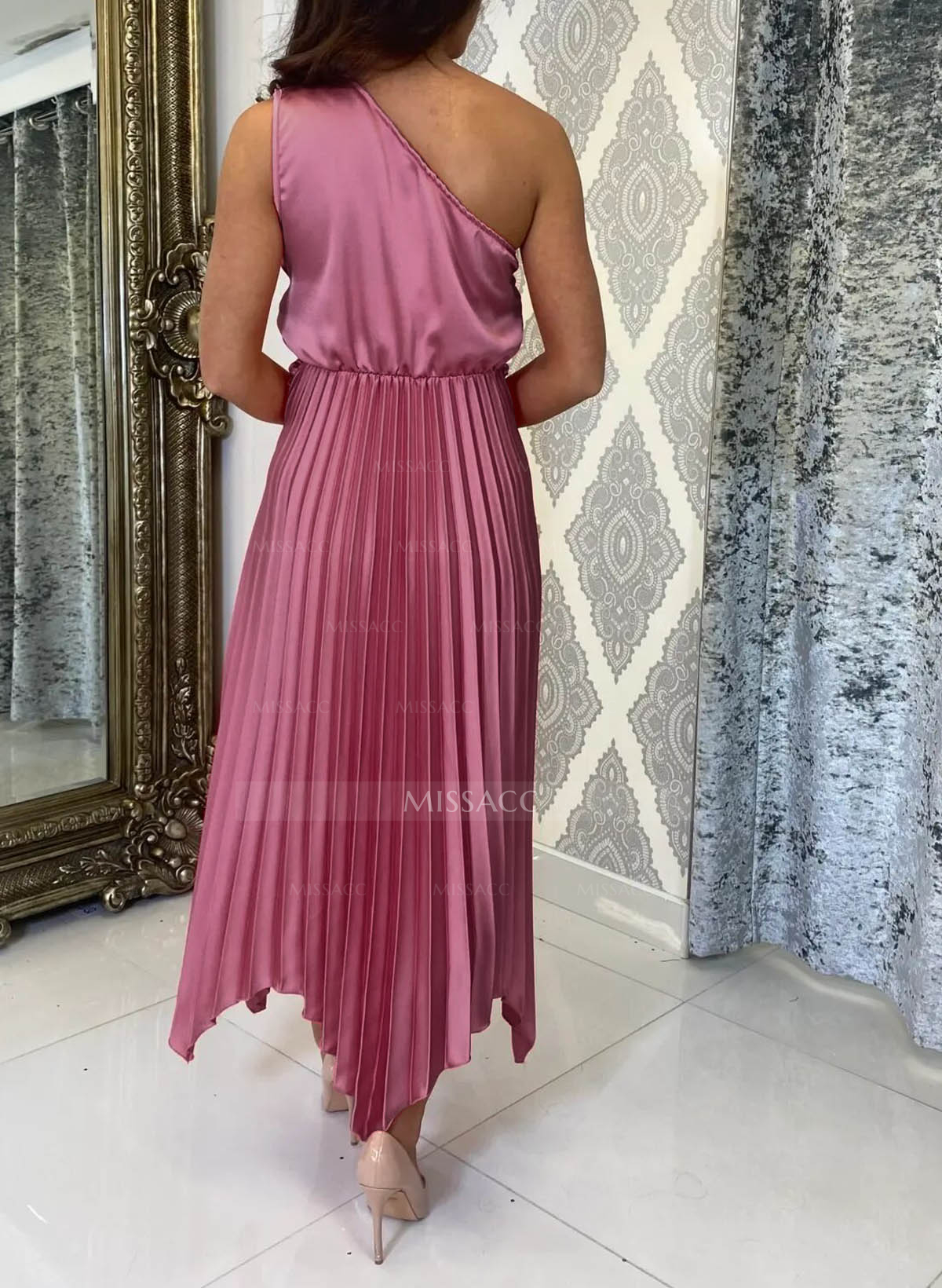 A-Line One-Shoulder Sleeveless Ankle-Length Charmeuse Cocktail Dresses With Pleated