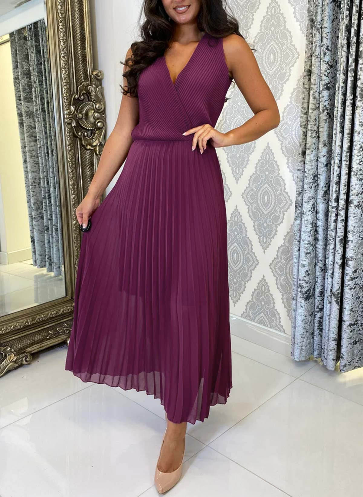 A-Line V-Neck Sleeveless Ankle-Length Chiffon Evening Dresses With Pleated