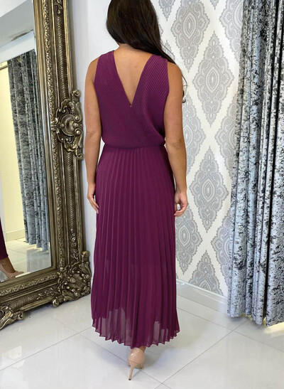 A-Line V-Neck Sleeveless Ankle-Length Chiffon Evening Dresses With Pleated