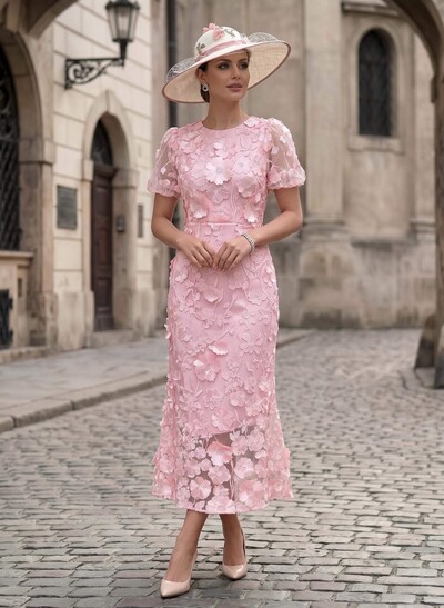 Sheath/Column Scoop Neck Short Sleeves Ankle-Length Evening Dresses With Appliques Lace