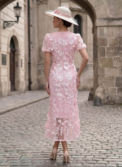 Sheath/Column High Neck Short Sleeves Ankle-Length Elastic Satin Cocktail Dresses With Appliques Lace