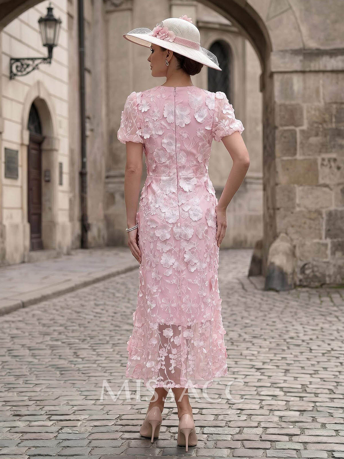 Sheath/Column High Neck Short Sleeves Ankle-Length Elastic Satin Cocktail Dresses With Appliques Lace