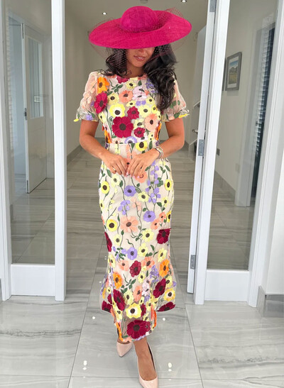 Sheath/Column Scoop Neck Short Sleeves Ankle-Length Evening Dresses With Appliques Lace/Flower(s)