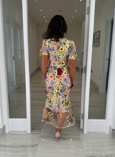 Sheath/Column Scoop Neck Short Sleeves Ankle-Length Evening Dresses With Appliques Lace/Flower(s)
