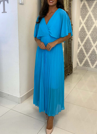 A-Line V-Neck 1/2 Sleeves Ankle-Length Chiffon Cocktail Dresses With Pleated