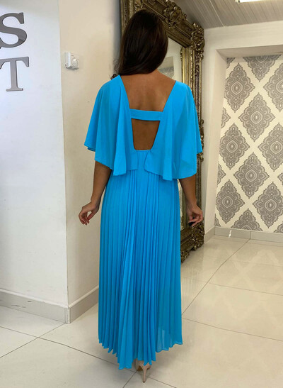 A-Line V-Neck 1/2 Sleeves Ankle-Length Chiffon Cocktail Dresses With Pleated