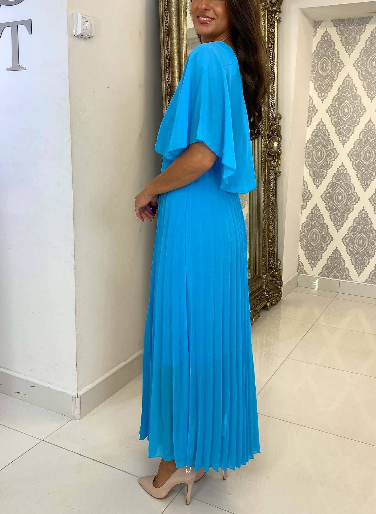A-Line V-Neck 1/2 Sleeves Ankle-Length Chiffon Cocktail Dresses With Pleated