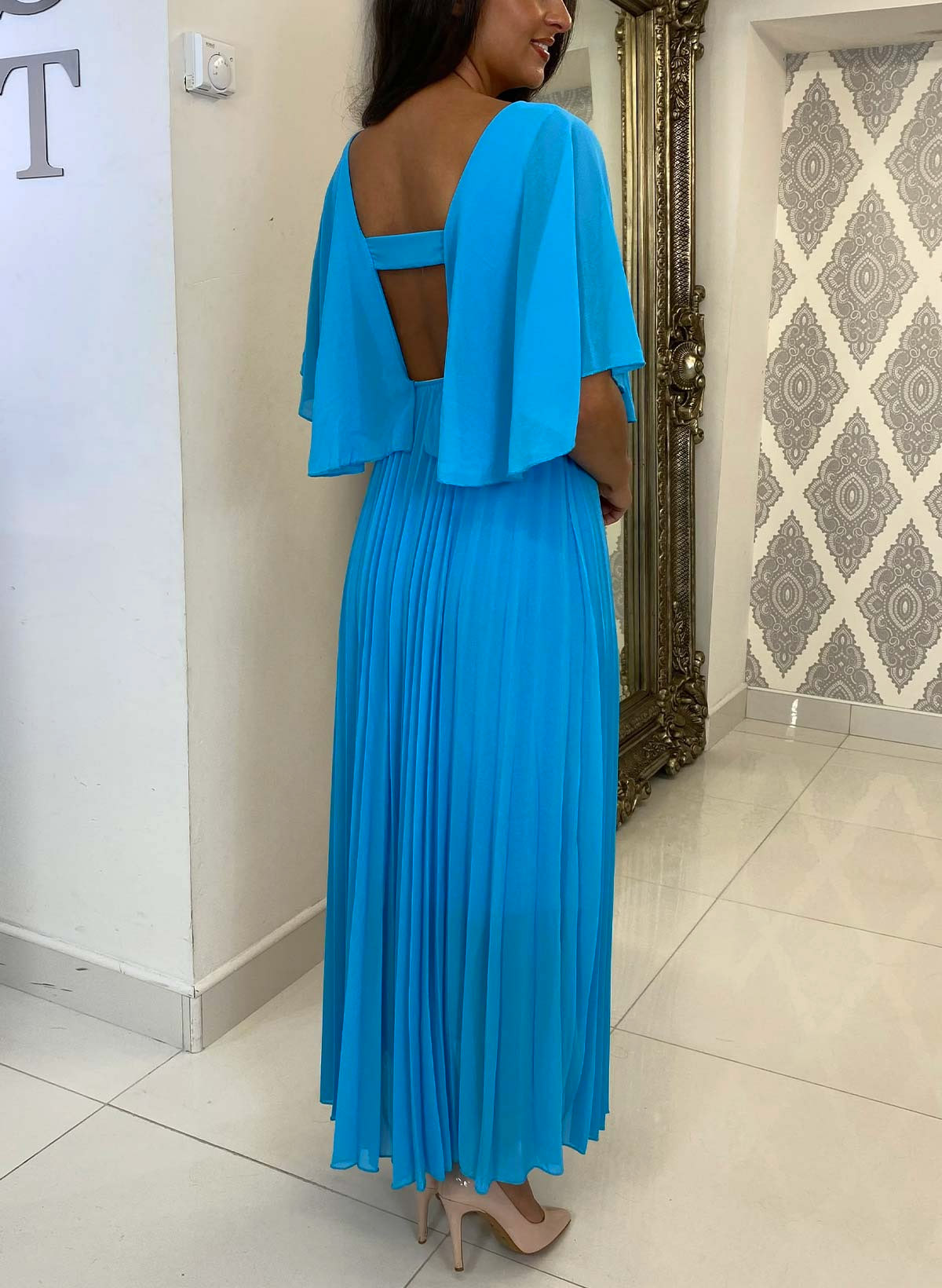 A-Line V-Neck 1/2 Sleeves Ankle-Length Chiffon Cocktail Dresses With Pleated