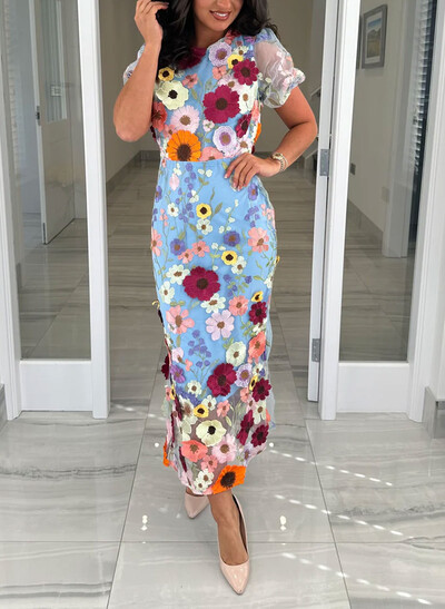 Sheath/Column Scoop Neck Short Sleeves Ankle-Length Evening Dresses With Appliques Lace/Flower(s)