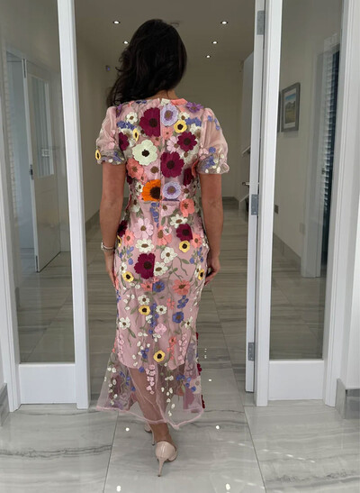Sheath/Column Scoop Neck Short Sleeves Ankle-Length Evening Dresses With Appliques Lace/Flower(s)