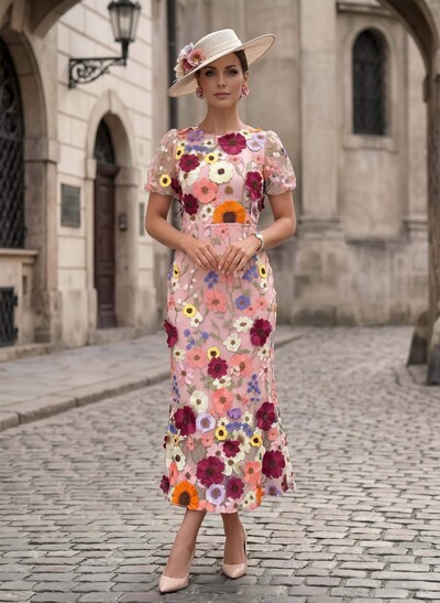 Sheath/Column Scoop Neck Short Sleeves Ankle-Length Evening Dresses With Appliques Lace/Flower(s)