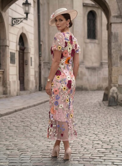 Sheath/Column Scoop Neck Short Sleeves Ankle-Length Evening Dresses With Appliques Lace/Flower(s)
