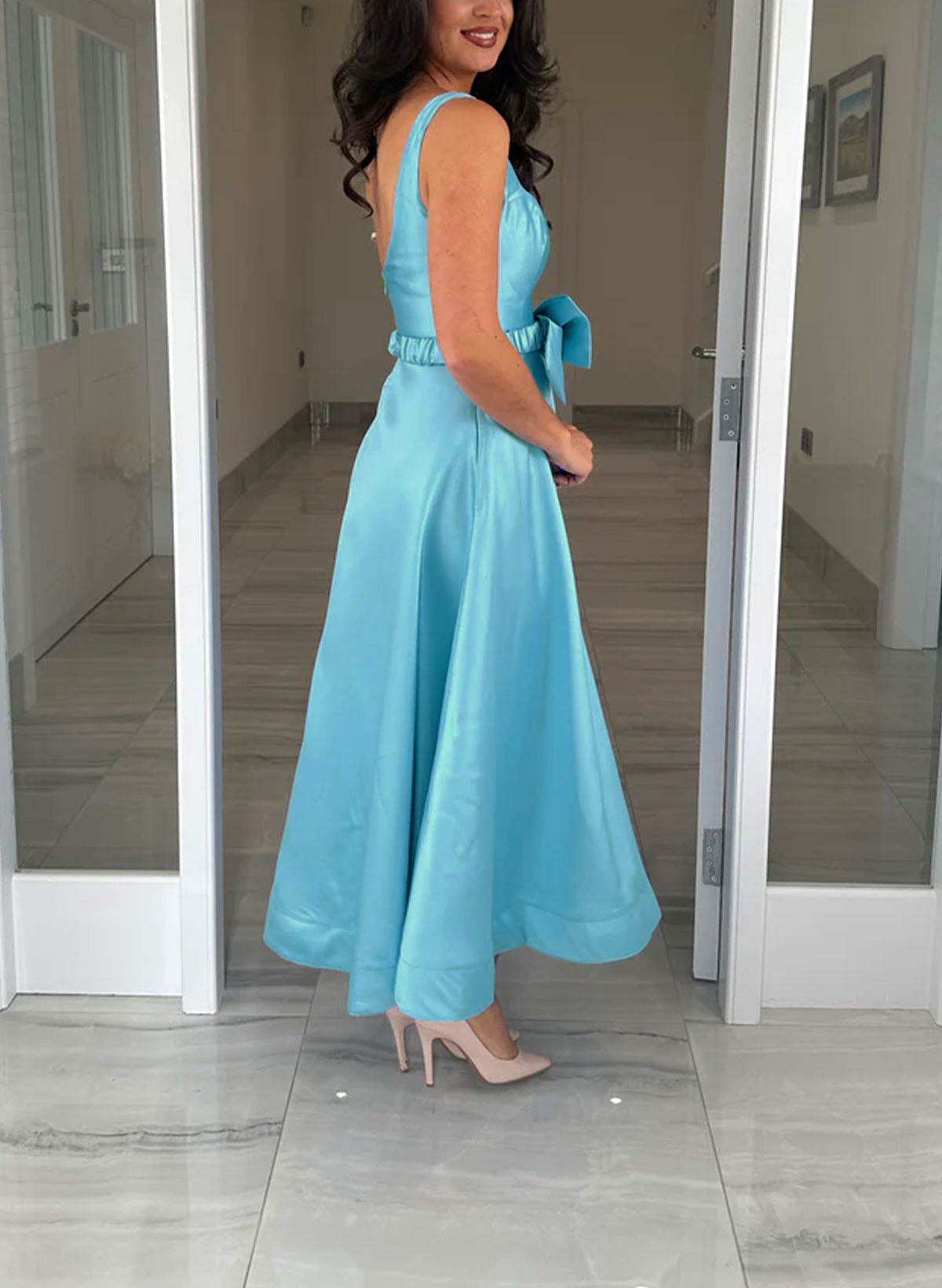 A-Line Square Neckline Sleeveless Ankle-Length Matte Satin Evening Dresses With Bow(s)/Sash