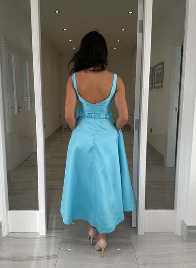 A-Line Square Neckline Sleeveless Ankle-Length Matte Satin Evening Dresses With Bow(s)/Sash