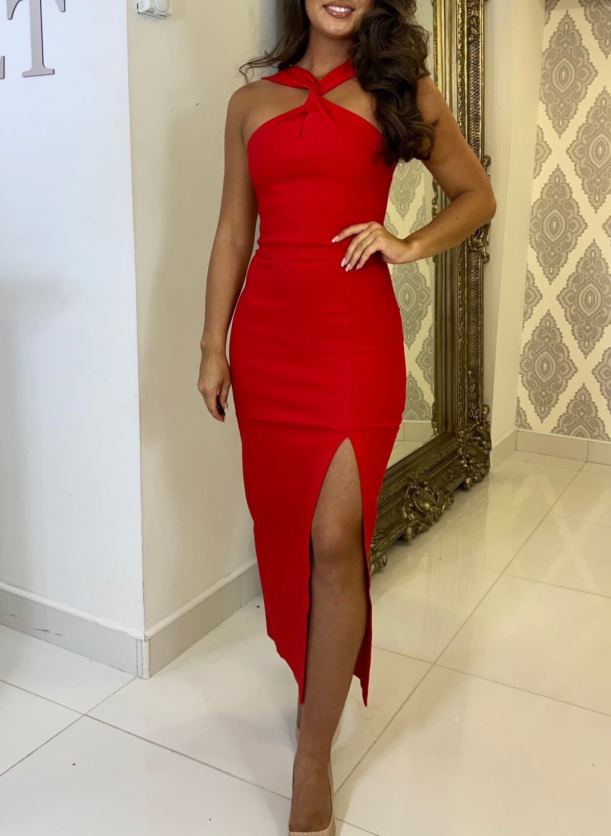 Sheath/Column Halter Sleeveless Ankle-Length Elastic Satin Evening Dresses With Split Front