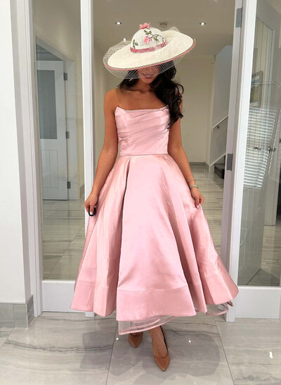 A-Line Strapless Sleeveless Ankle-Length Tulle/Matte Satin Evening Dresses With Ruffle