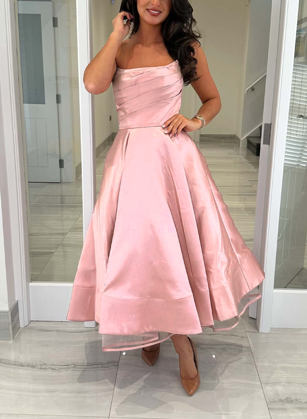 A-Line Strapless Sleeveless Ankle-Length Tulle/Matte Satin Evening Dresses With Ruffle