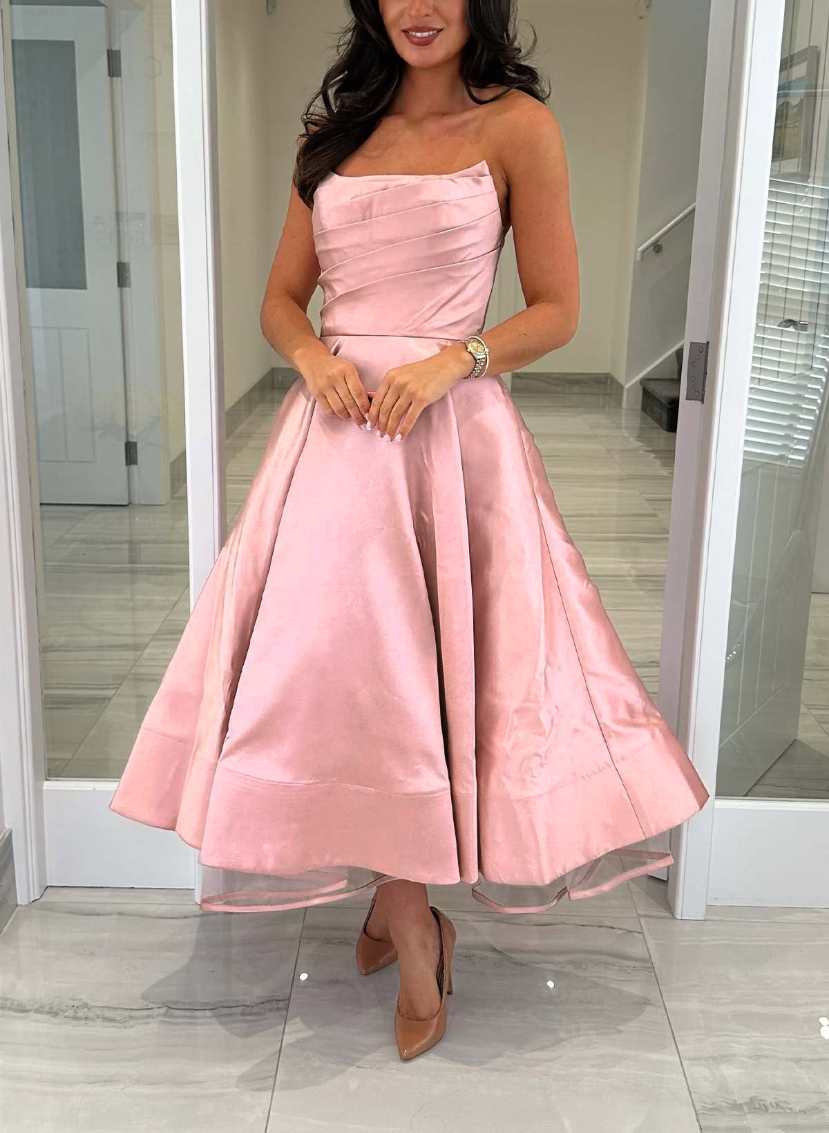 A-Line Strapless Sleeveless Ankle-Length Tulle/Matte Satin Evening Dresses With Ruffle