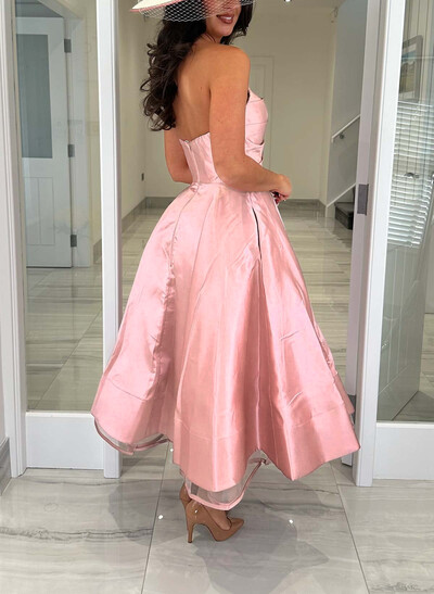 A-Line Strapless Sleeveless Ankle-Length Tulle/Matte Satin Evening Dresses With Ruffle