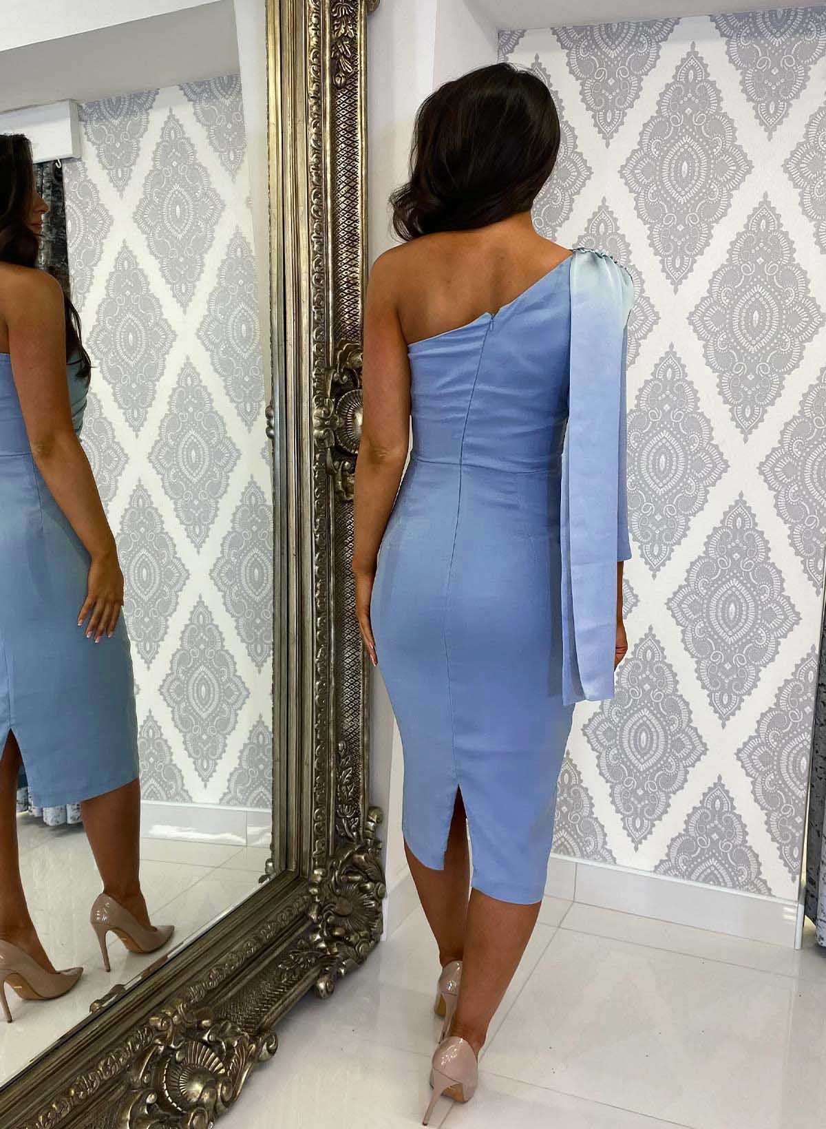 Sheath/Column One-Shoulder Tea-Length Evening Dresses With Sweeping Side Drape/Back Slit