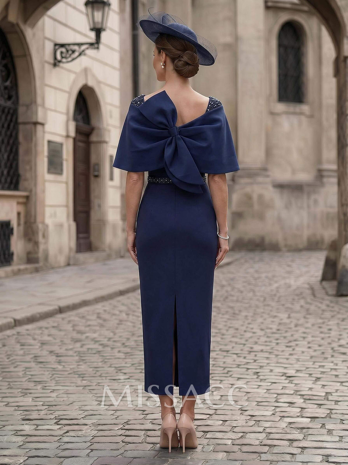 Sheath/Column Ankle-Length Satin/Elastic Satin Cocktail Dresses With Bow(s)/Rhinestone/Back Slit