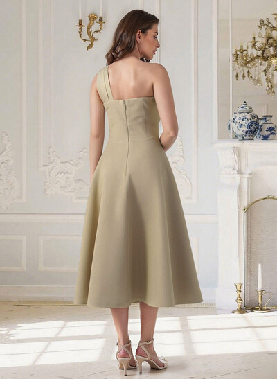 A-Line One-Shoulder Sleeveless Tea-Length Elastic Satin Cocktail Dresses With Pleated
