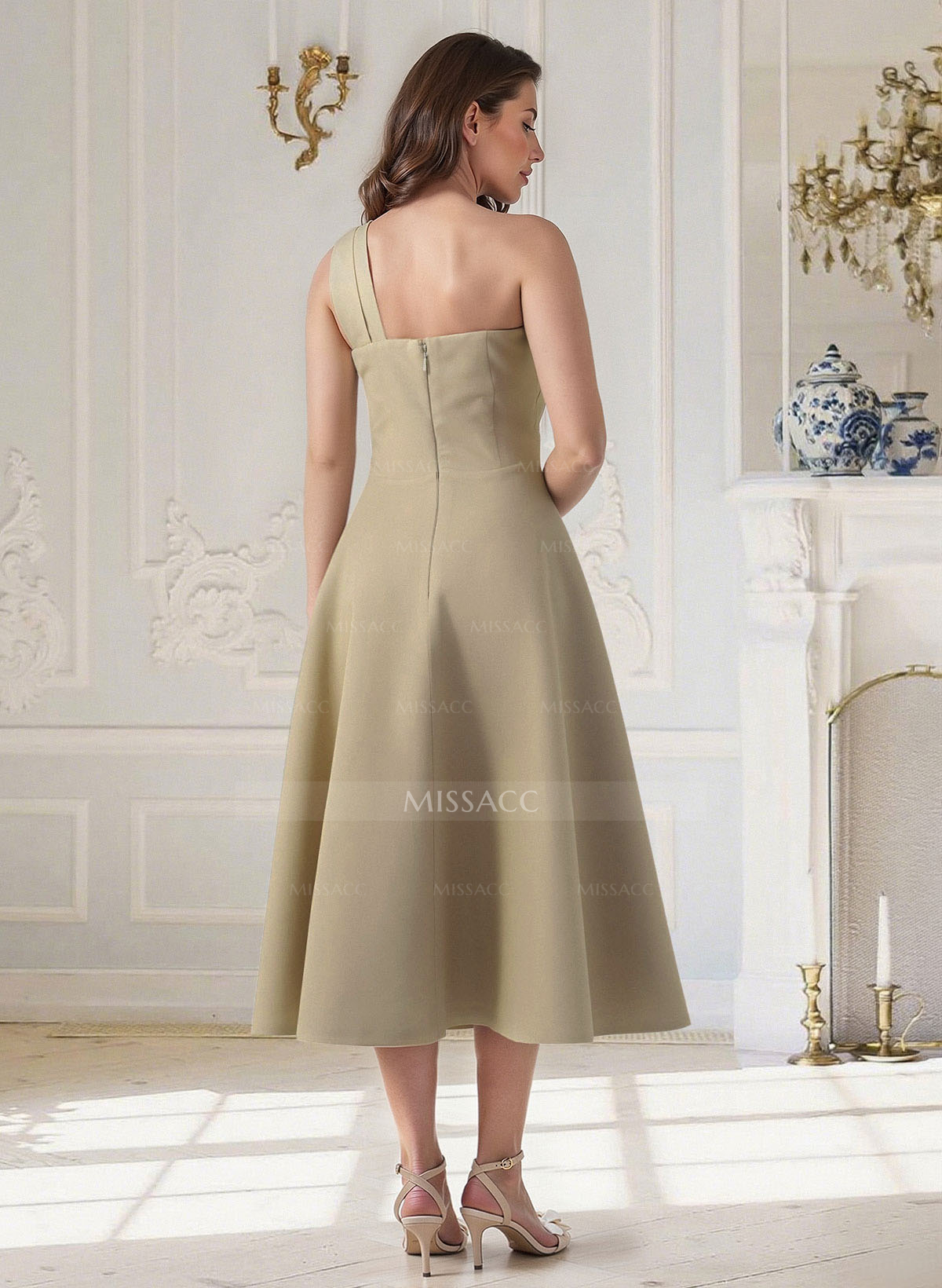 A-Line One-Shoulder Sleeveless Tea-Length Elastic Satin Cocktail Dresses With Pleated