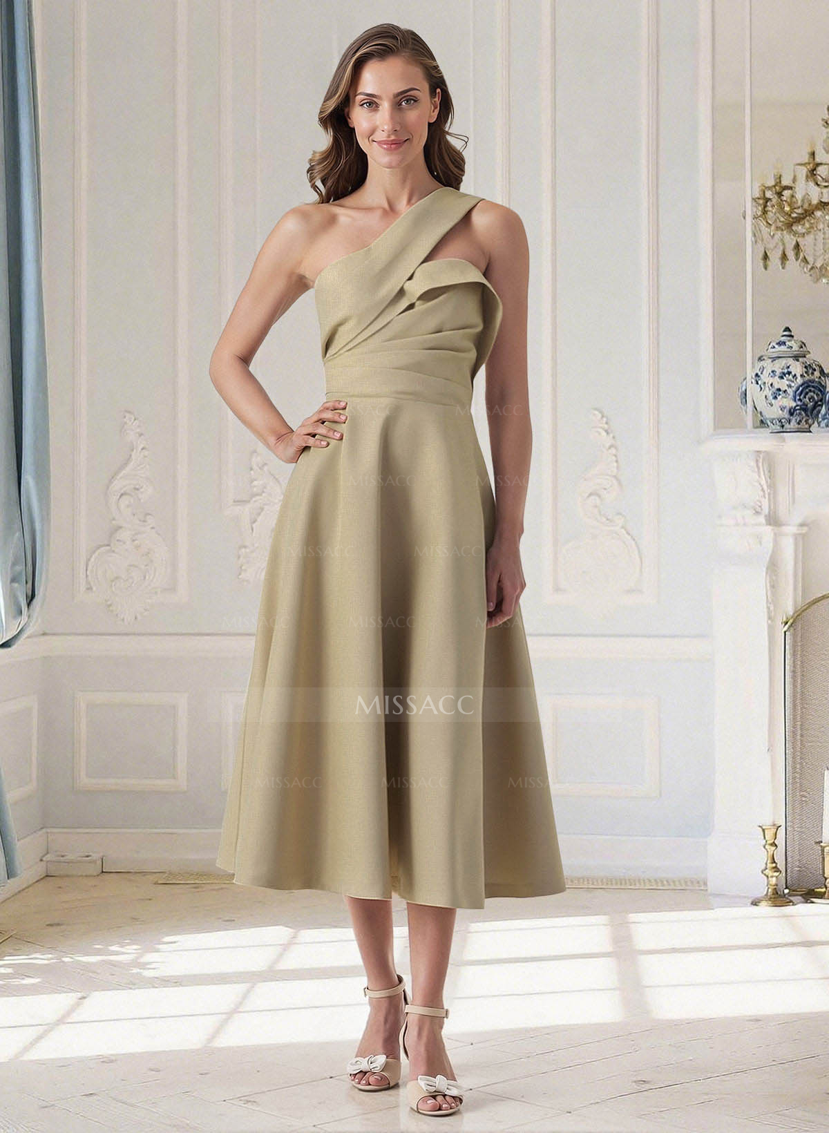 A-Line One-Shoulder Sleeveless Tea-Length Elastic Satin Cocktail Dresses With Pleated