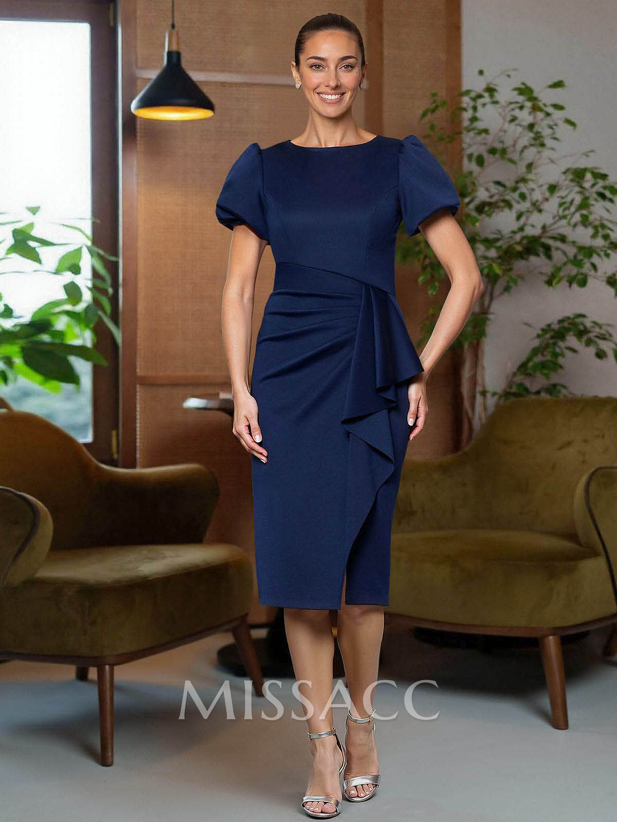 Sheath/Column Scoop Neck Short Sleeves Knee-Length Crepe Satin Cocktail Dresses