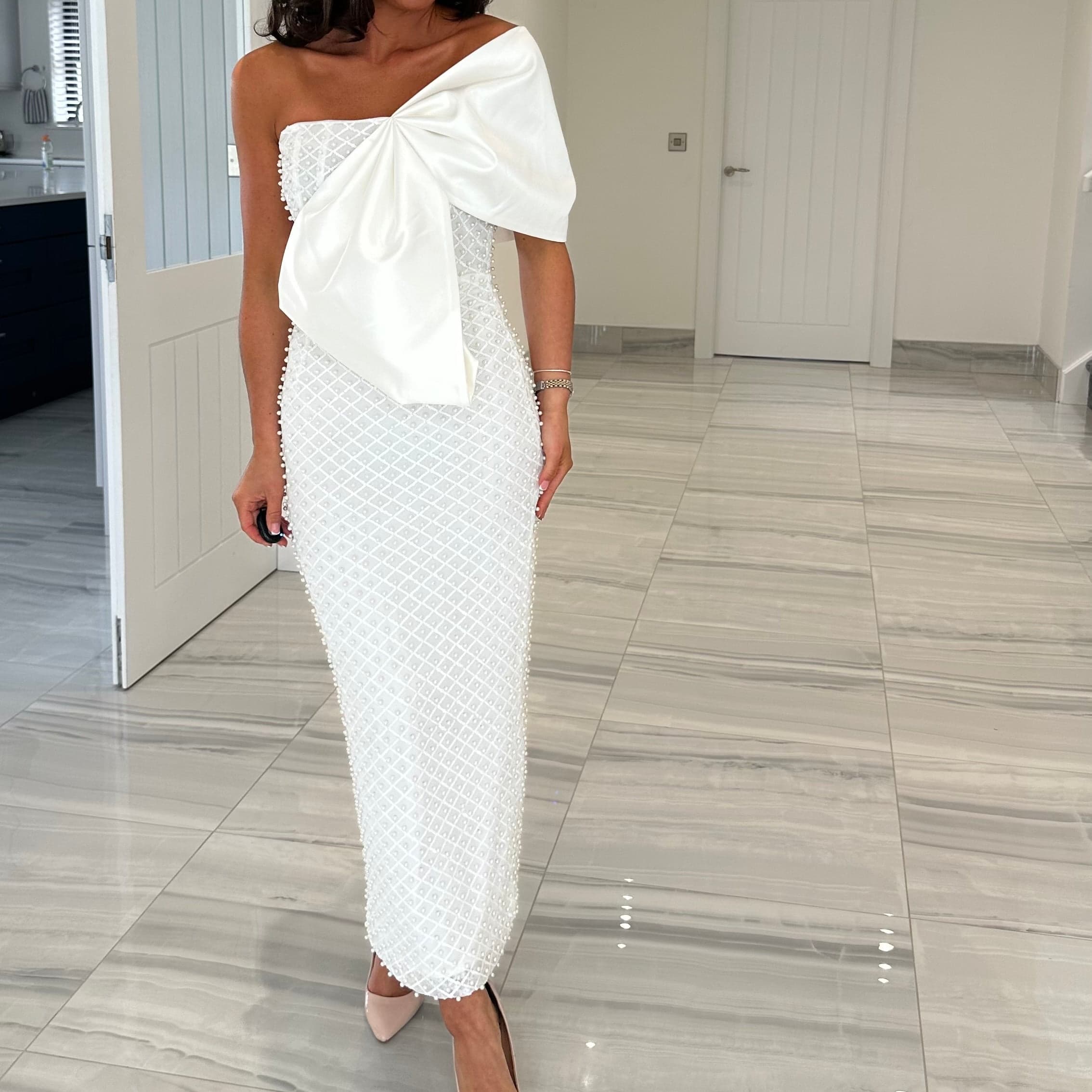 Sheath/Column One-Shoulder Sleeveless Ankle-Length Evening Dresses With Bow(s)/Beading/Back Slit