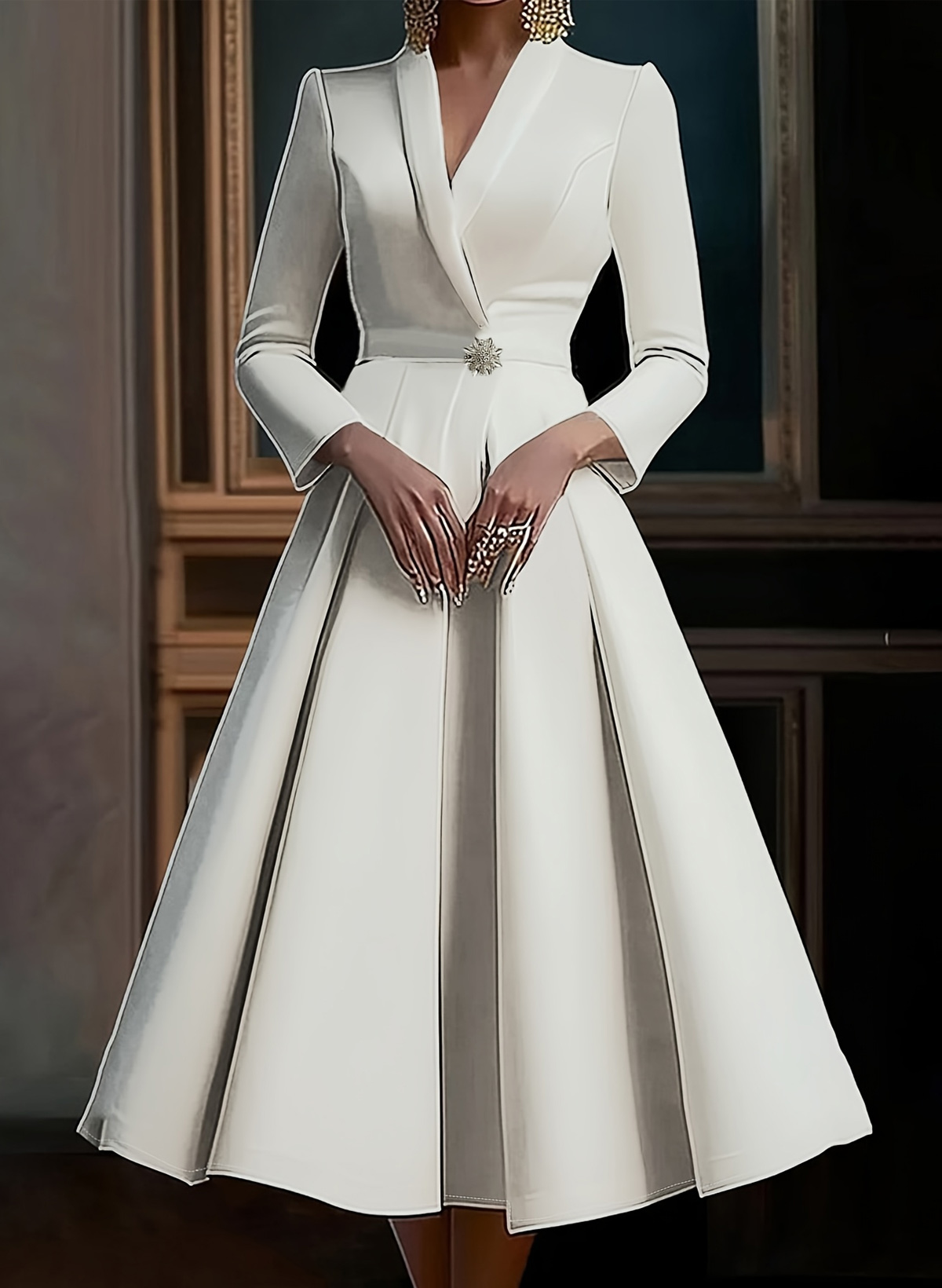 Elegant V-Neck Long Sleeves A-Line Tea-Length Cocktail Dresses With Rhinestone