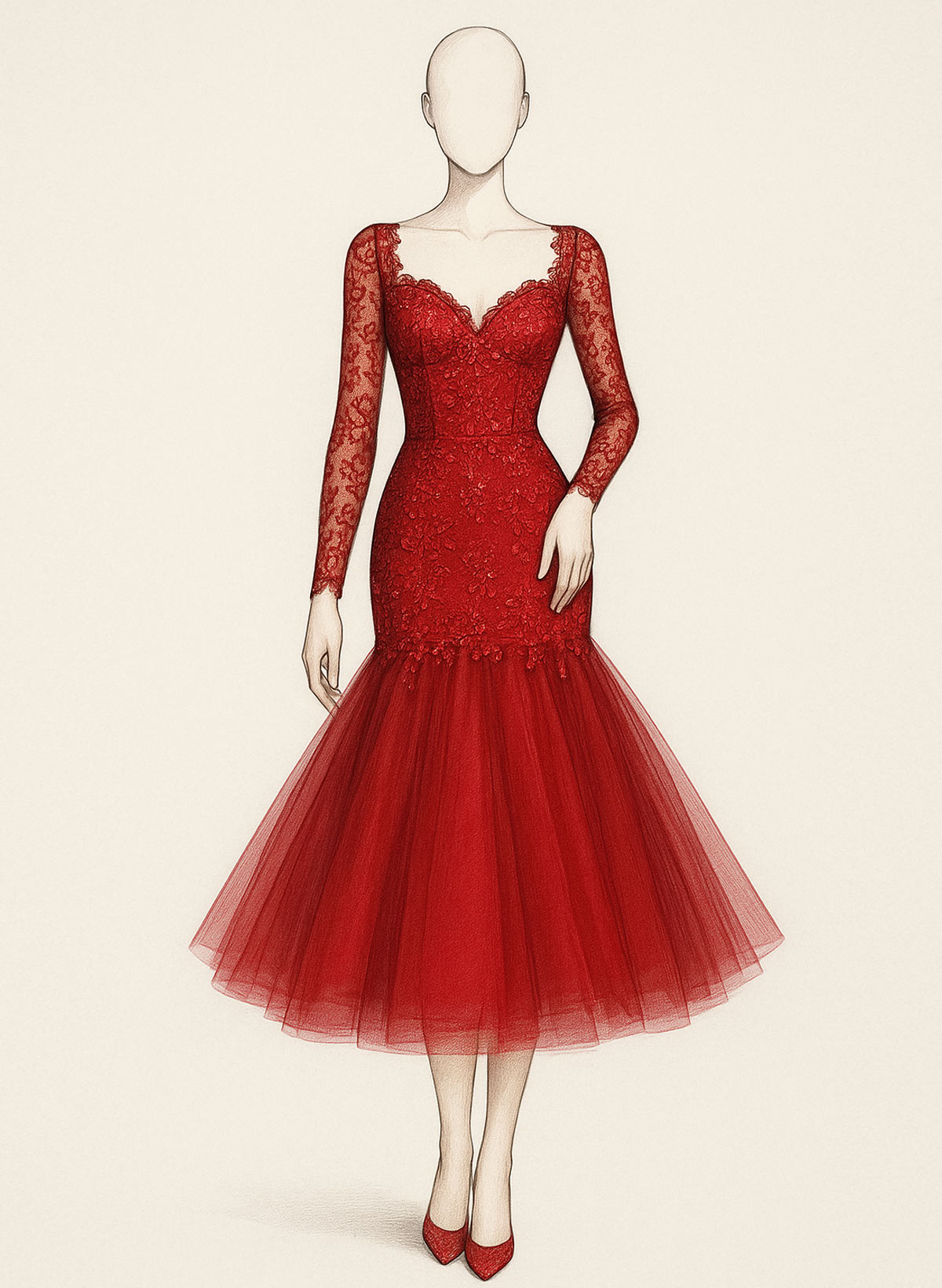 Elegant V-Neck Long Sleeves Mermaid Tea-Length Lace/Tulle/Elastic Satin Cocktail Dresses