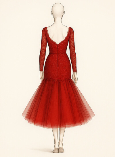 Elegant V-Neck Long Sleeves Mermaid Tea-Length Lace/Tulle/Elastic Satin Cocktail Dresses