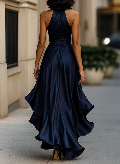 A-Line Plunge Neck Sleeveless Asymmetrical Cocktail Dresses With Cascading Ruffles