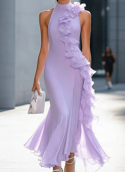 Elegant High Neck Sleeveless Mermaid Ankle-Length Chiffon Cocktail Dresses With Cascading Ruffles