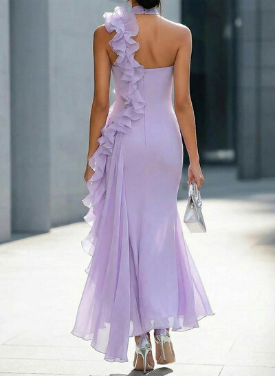 Elegant High Neck Sleeveless Mermaid Ankle-Length Chiffon Cocktail Dresses With Cascading Ruffles