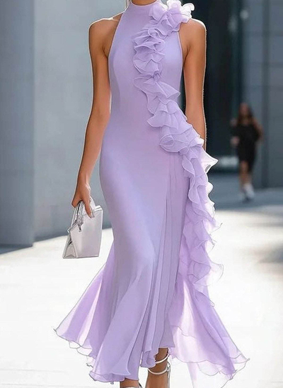 Elegant High Neck Sleeveless Mermaid Ankle-Length 30D Chiffon Cocktail Dresses With Cascading Ruffles