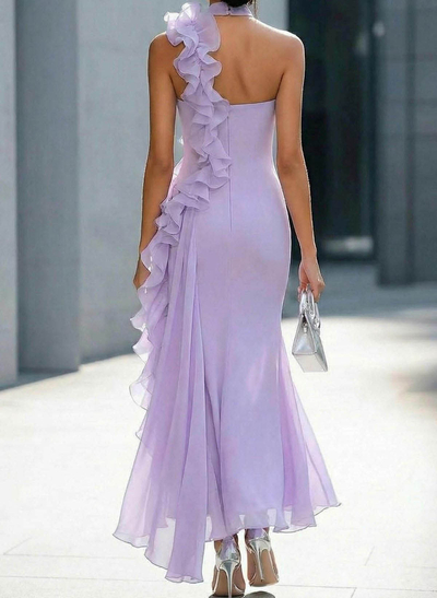 Elegant High Neck Sleeveless Mermaid Ankle-Length 30D Chiffon Cocktail Dresses With Cascading Ruffles