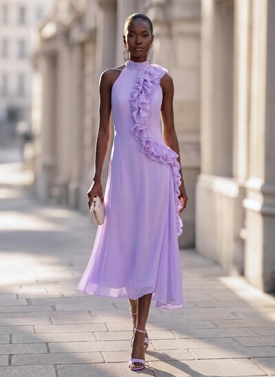 Elegant High Neck Sleeveless Mermaid Ankle-Length 30D Chiffon Cocktail Dresses With Cascading Ruffles