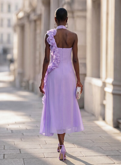 Elegant High Neck Sleeveless Mermaid Ankle-Length 30D Chiffon Cocktail Dresses With Cascading Ruffles