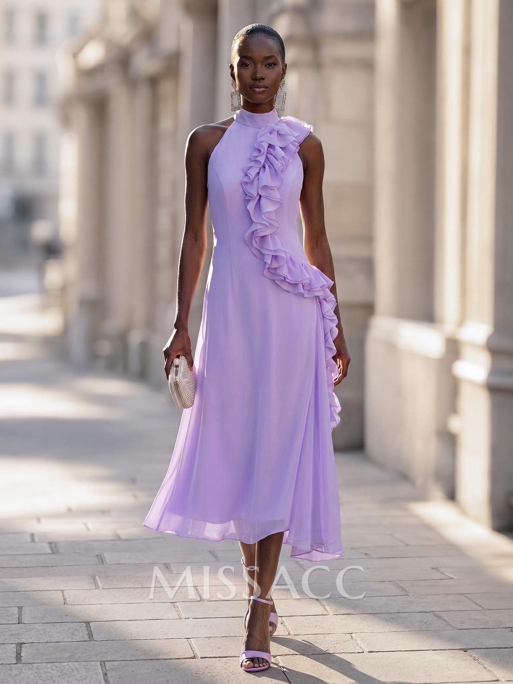 Elegant High Neck Sleeveless Mermaid Ankle-Length 30D Chiffon Cocktail Dresses With Cascading Ruffles Elegant High Neck Sleeveless Mermaid Ankle-Length 30D Chiffon Cocktail Dresses With Cascading Ruffles